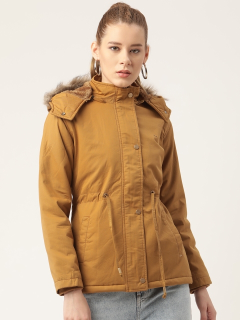 

Okane Women Khaki Solid Parka Jacket with Faux Fur Trim
