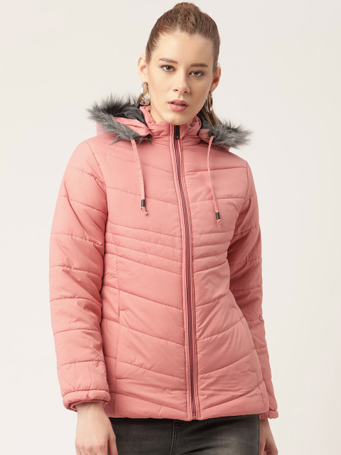 

Okane Women Pink Solid Detachable Hood Parka Jacket