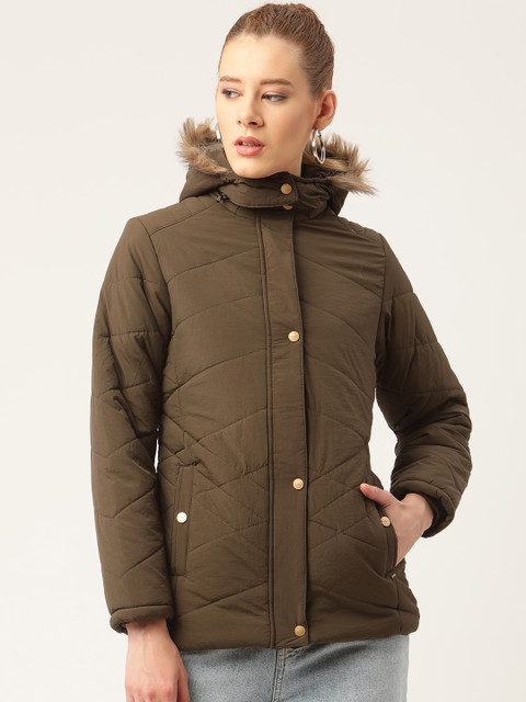 

Okane Women Olive Green Solid Parka Jacket with Faux Fur Trim