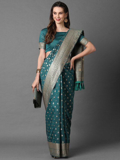 

Mitera Teal & Gold-Toned Ethnic Motifs Silk Blend Banarasi Saree