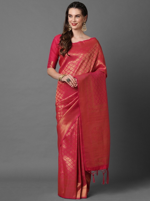 

Mitera Fuchsia & Gold-Toned Ethnic Motifs Zari Silk Blend Banarasi Saree