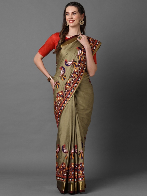 

Mitera Olive Green & Red Ethnic Motifs Embroidered Silk Blend Jamdani Saree