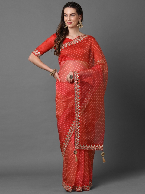 

Mitera Red & Gold-Toned Leheriya Gotta Patti Organza Leheriya Saree