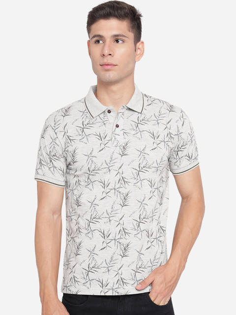

Greenfibre Men Grey Floral Printed Polo Collar Slim Fit T-shirt