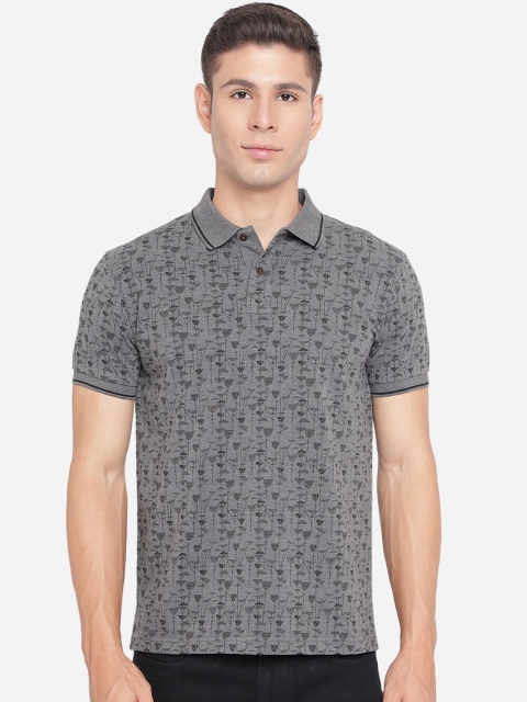 

Greenfibre Men Grey & Black Floral Printed Polo Collar Slim Fit T-shirt