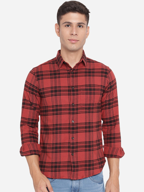 

Greenfibre Men Red Slim Fit Tartan Checks Pure Cotton Checked Casual Shirt