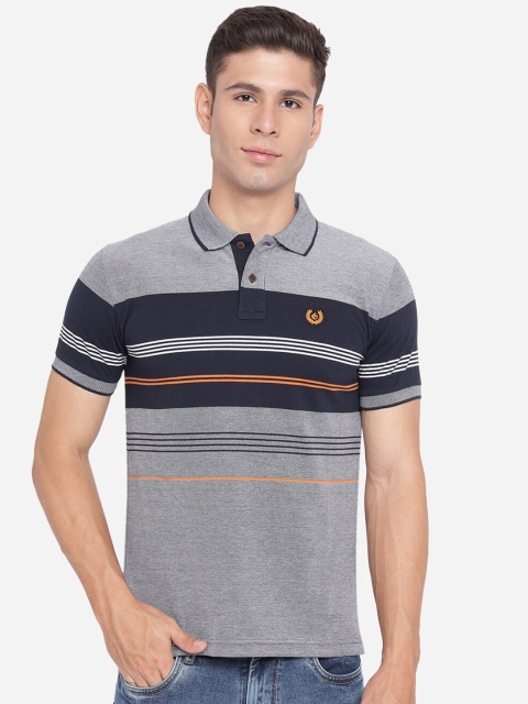 

Greenfibre Men Grey & Navy Blue Striped Polo Collar Slim Fit T-shirt