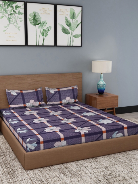 

NEUDIS Pack Of 2 Violet & Blue Floral 180 TC 2 Queen Bedsheet with 4 Pillow Covers