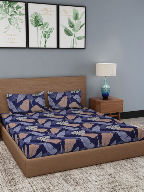 

NEUDIS Pack Of 2 Navy Blue & Maroon Floral 180 TC 2 Queen Bedsheet with 4 Pillow Covers