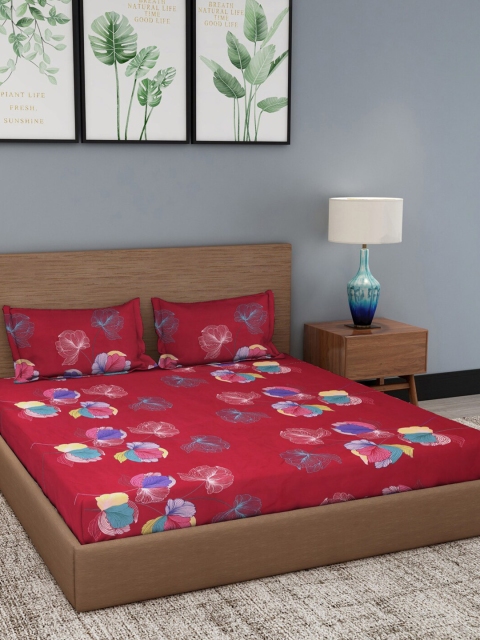 

NEUDIS Pack OF 2 Maroon & Pink Floral 180 TC 2 Queen Bedsheet with 4 Pillow Covers
