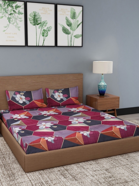 

NEUDIS Pack Of 2 Maroon & Navy Blue Floral 180 TC 2 Queen Bedsheet with 4 Pillow Covers