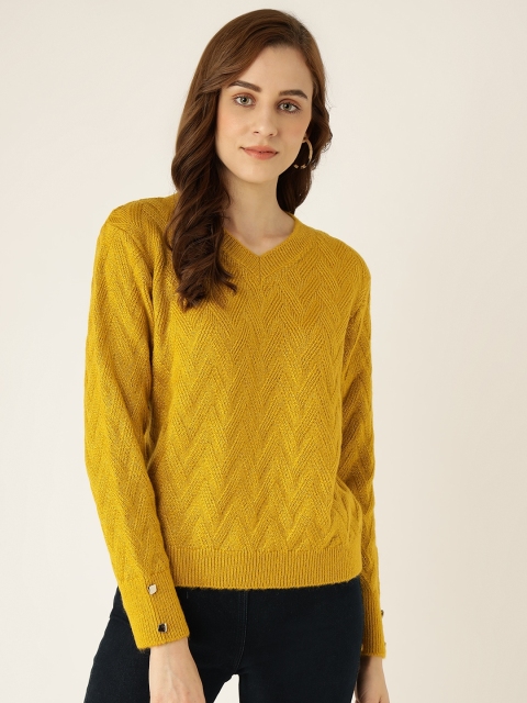 

Madame Women Mustard Yellow Self-Design Sweater