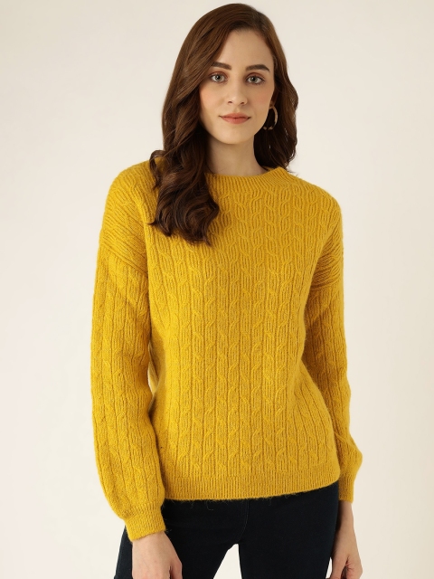 

Madame Women Mustard Yellow Self Designed Pullover Sweater