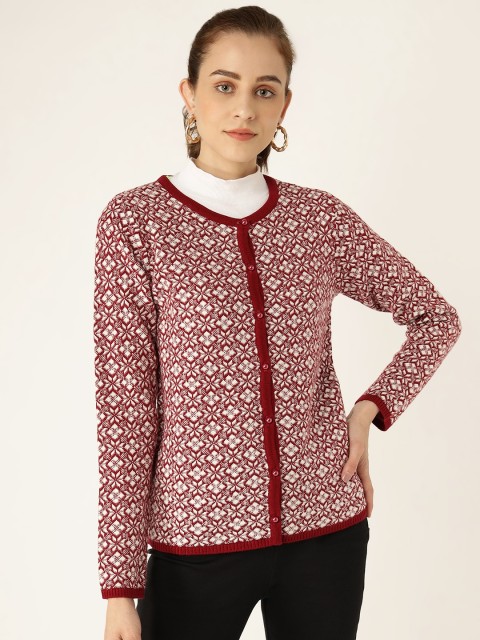 

Madame Women Maroon & White Fair Isle Cardigan
