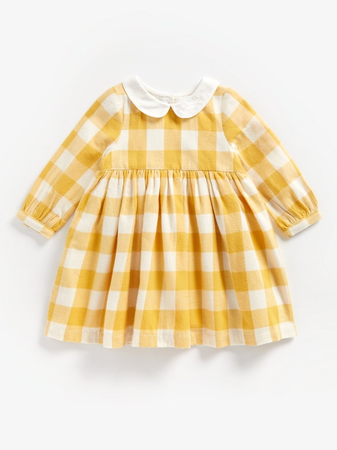 

mothercare Girls Mustard Yellow & White Checked Pure Cotton Fit & Flare Dress