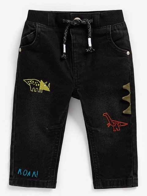 

mothercare Boys Black Dino Embroidered Pure Cotton Jeans