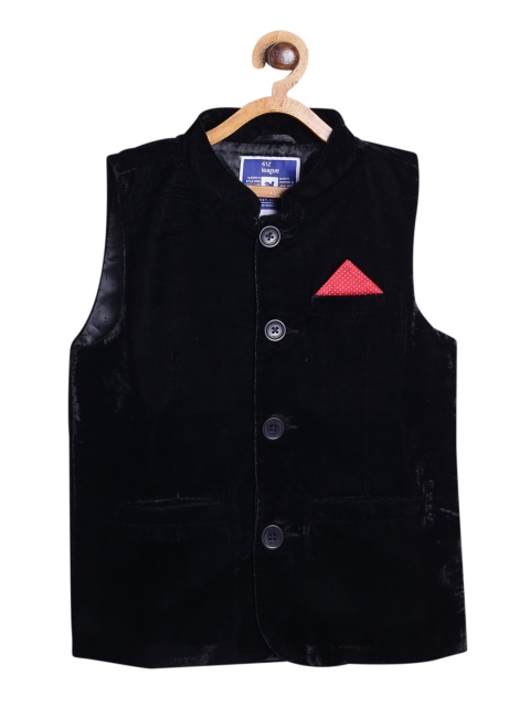 

612 league Boys Black Solid Waist Coat With Pocket Square