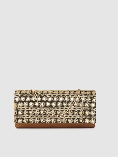 

Inddus Black & Gold-Toned Embroidered Embellished Envelope Clutch