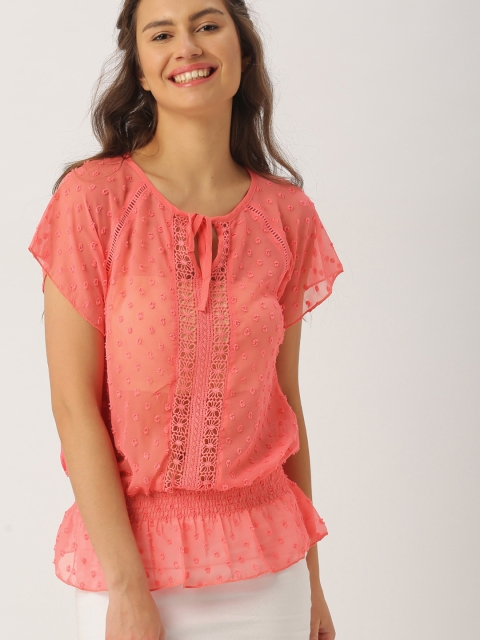 

DressBerry Coral Red Self-Design Blouson Top