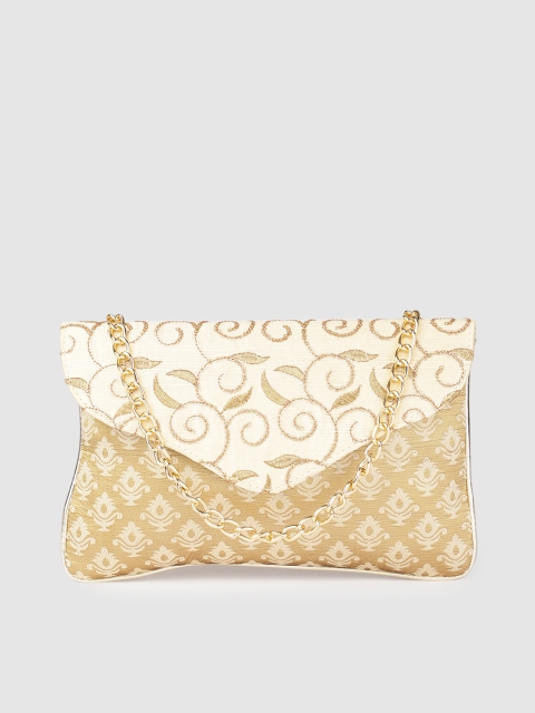 

Inddus Beige & Gold-Toned Embroidered Envelope Clutch
