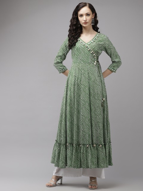 

Yufta Women Green Leheriya Printed Kurta