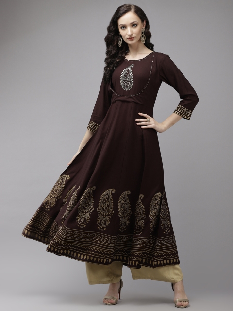 

Yufta Women Brown Paisley Embroidered Thread Work Anarkali Kurta
