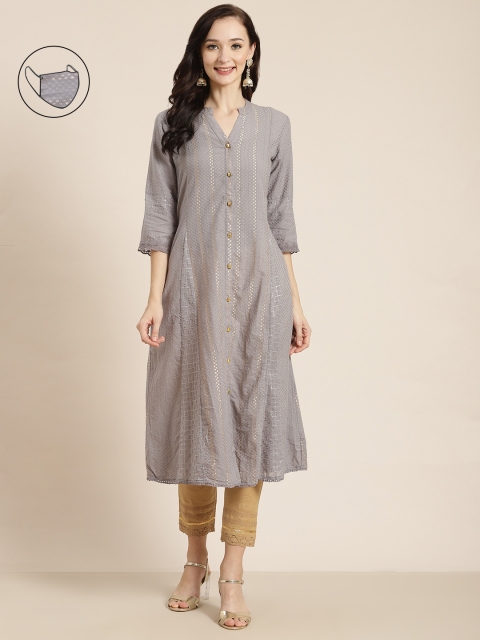 

Juniper Women Grey & Silver-Toned Indie Prints Dobby Kurta With Mask