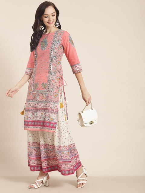

Juniper Women Coral Pink Printed Regular Pure Cotton Kurta with Palazzos