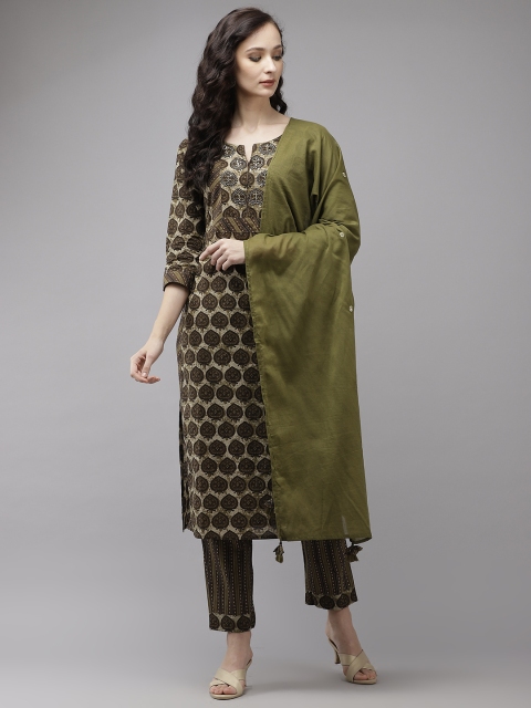 

Yufta Women Olive Green Ethnic Motifs Printed Regular Sequinned Pure Cotton Kurta with Palazzos & With