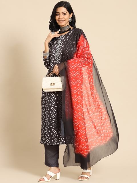 

Prakrti Women Black Printed Regular Kurta with Trousers & With Dupatta