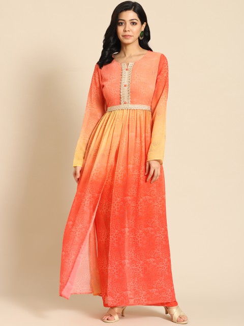 

Prakrti Women Orange Floral Printed Angrakha Kurta with Palazzos