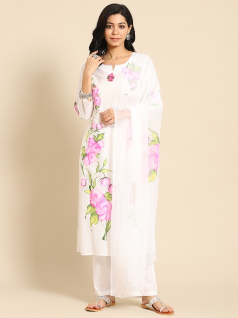 

Prakrti Women White Floral Printed Regular Pure Cotton Kurta with Palazzos & With Dupatta