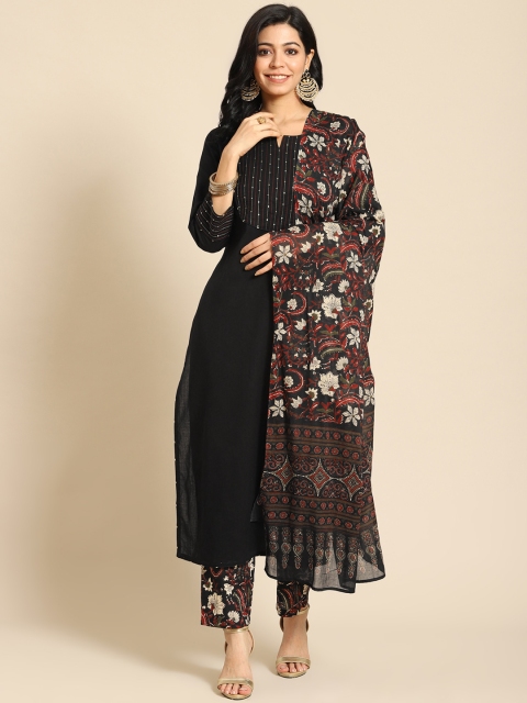 

Prakrti Women Black Floral Regular Pure Cotton Kurta with Trousers & With Dupatta
