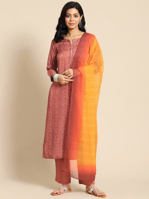 

Prakrti Women Rust Red Printed Regular Kurta with Trousers & With Dupatta