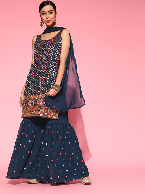 

Chhabra 555 Women Navy Blue Embroidered Regular Mirror Work Kurta with Sharara & With Dupatta