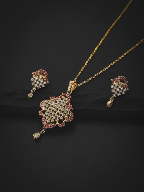 

KOLHA-BY CARLTON Gold-Plated Red Stone Studded Drop Necklace and Earrings Set, Pink
