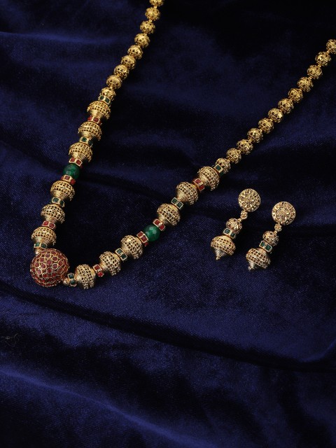 

KOLHA-BY CARLTON Gold-Plated & Green Stone -Studded Necklace and Earrings Set