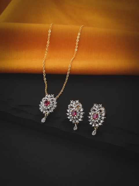 

KOLHA-BY CARLTON Gold-Plated Red Stone Studded Drop Necklace and Earrings Set