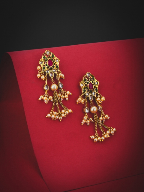 

KOLHA-BY CARLTON Pink Gold-Plated Stone Studded & Beaded Classic Drop Earrings
