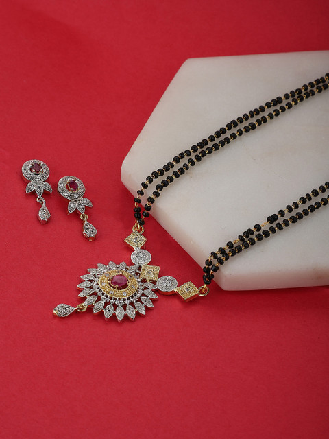 

KOLHA-BY CARLTON Women Gold-Plated Red Stone & American Diamond-Studded Mangalsutra Set, Black