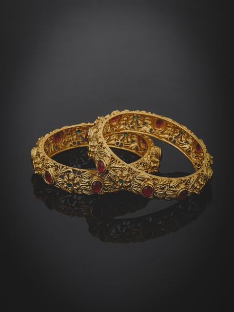 

KOLHA-BY CARLTON Set of 2 Red & Green Gold-Plated Stone Studded Handcrafted Bangles