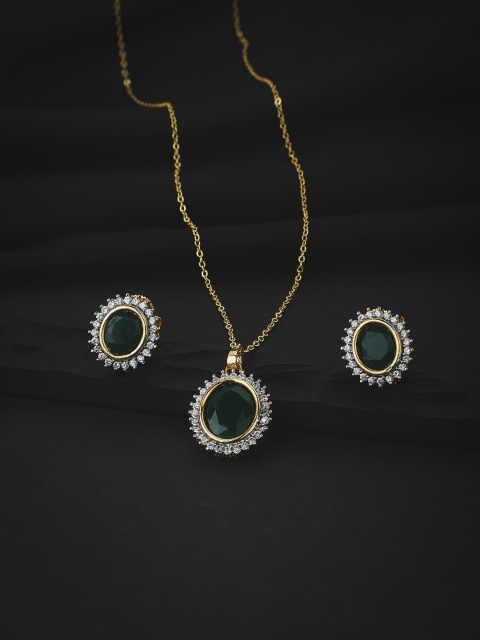 

KOLHA-BY CARLTON Gold-Plated Green Stone Studded Necklace and Earrings Set