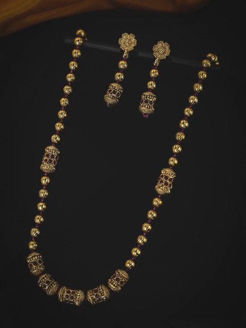 

KOLHA-BY CARLTON Gold-Plated Pink Stone Studded & Beaded Necklace and Earrings Set