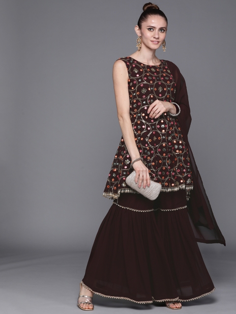 

Chhabra 555 Women Burgundy Floral Embroidered Empire Mirror Work Kurta with Sharara & With Dupatta