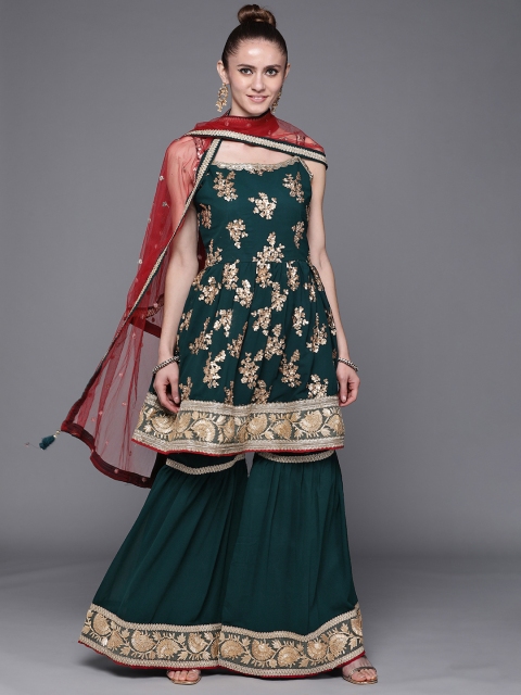 

Chhabra 555 Women Green Floral Embroidered Empire Sequinned Kurta with Sharara & With Dupatta
