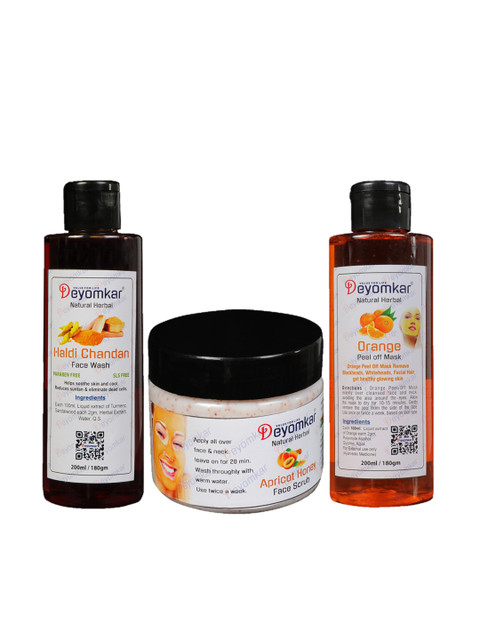 

Deyomkar Unisex Haldi Chandan Facewash ,Apricot Honey Scrub And Orange Peel Mask