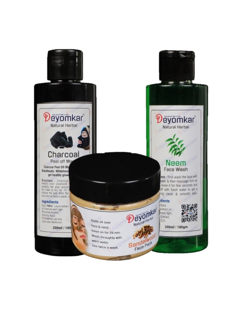 

Deyomkar Neem Facewash, Charcol Peel of Mask And Sandalwood face pack- 200ml, Black