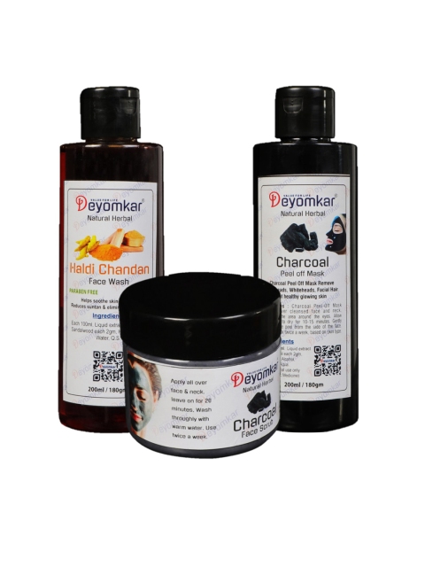

Deyomkar Haldi Chandan Facewash, Charcoal Scrub And Charcol Peel of Mask, Yellow