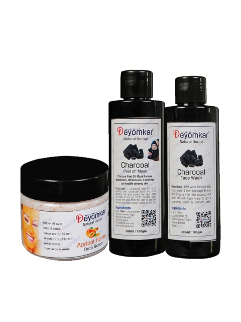 

Deyomkar Natural Herbal Pack of Charcoal Facewash With Peel Off Mask & Apricot Face Scrub, Black