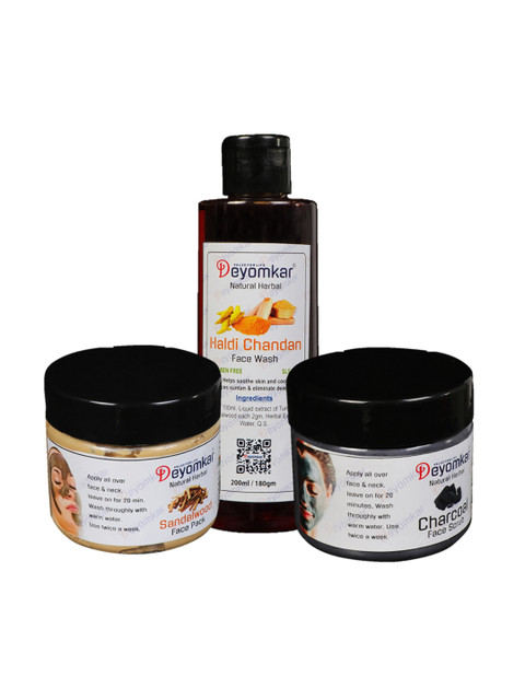

Deyomkar Natural Herbal Haldi Chandan Facewash Charcoal Scrub & Sandalwood Face Pack, Black